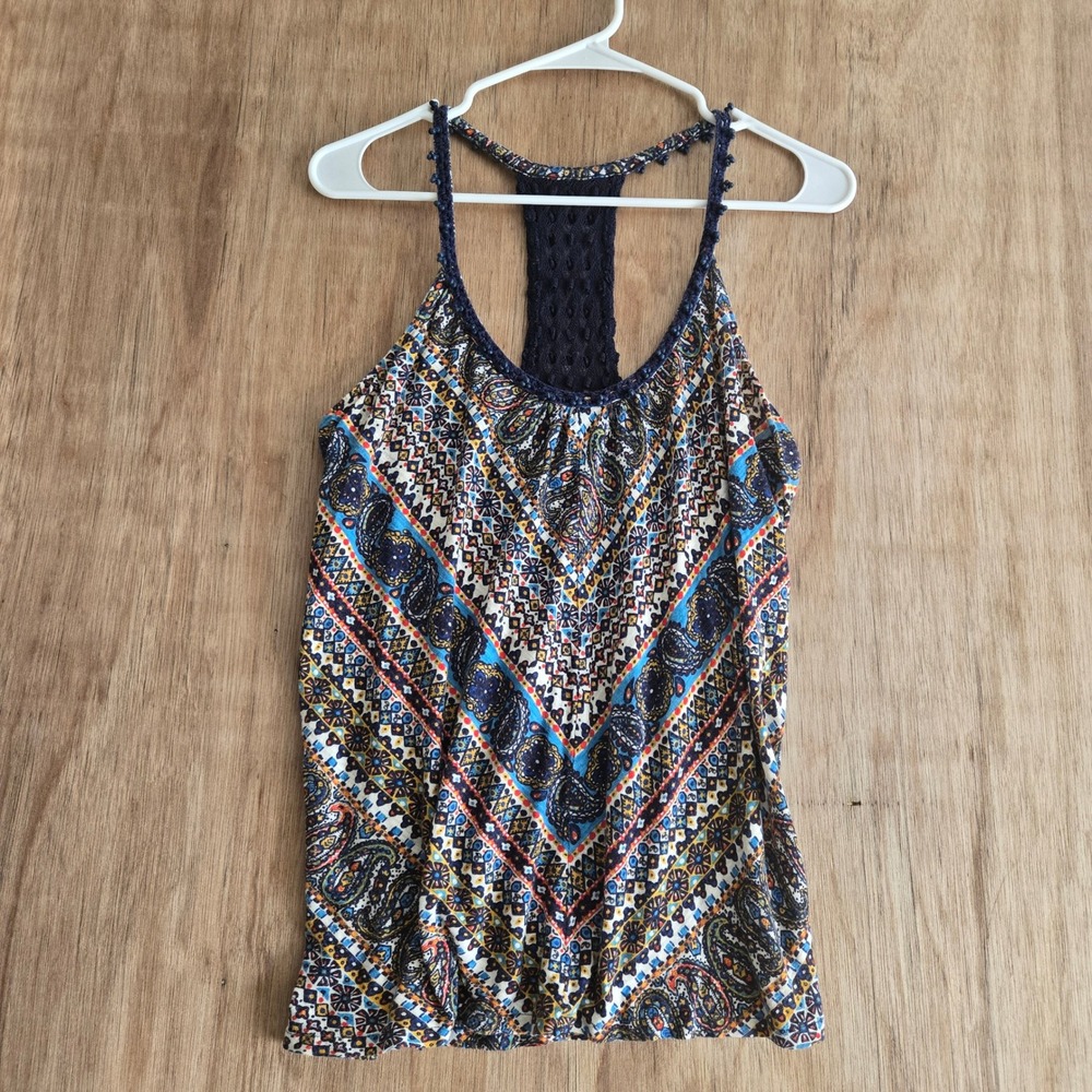 Lucky Brand Live in Love Paisley Crochet Racerback Tank Top Blue Orange Size M
